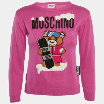 Pre Owned Moschino Teen Pink Bear Pattern Cotton Knit Sweater 10 Yrs