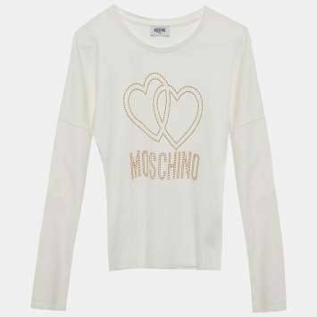 مملوكة مسبقًا Moschino Teen White Cotton Knit Rhinestone Detail Top 14 Yrs