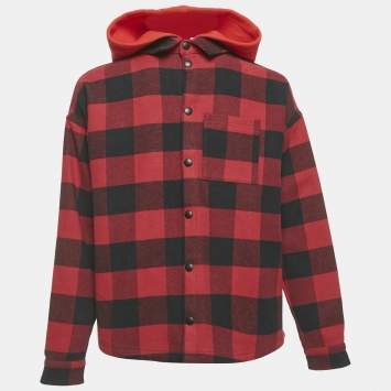 Pre Owned Palm Angels Kids Red/Black Checks Cotton Hooded Shirt 12Yrs