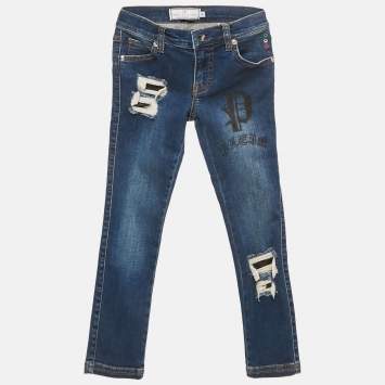 Pre Owned Philipp Plein Kids Blue Ripped Denim Jeans 6 Yrs Waist 22"