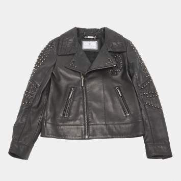Pre Owned Philipp Plein Junior Black Studded Textured Leather Detail Jacket 8 Yrs 