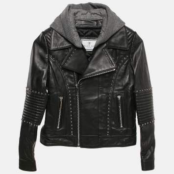 Pre Owned : Philipp Plein Junior Black Studded Leather Detachable Hood Biker Jacket 8 Yrs