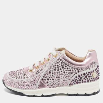 Pre Owned Philipp Plein Metallic Pink/White Leather and Suede Crystal Embellished Klarissa Sneakers Size 29