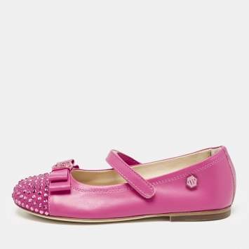 Pre Owned Philipp Plein Pink Leather and Suede Crystal Embellished Bow Ballet Flats Size 30