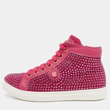 Pre Owned Philipp Plein Pink Suede Crystal Embellished High Top Sneakers Size 31