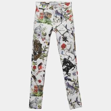 Pre Owned Philipp Plein Junior White Jungle Print Denim Studded Jeans 10 Yrs Waist 23" 