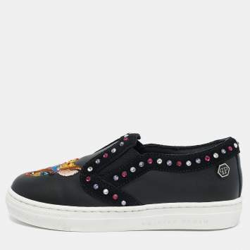 Pre Owned Philipp Plein Black Leather Embellished Lea Sneakers Size 27