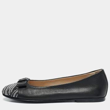 Pre Owned Philipp Plein Black Leather Crystal Embellished Aggressive Ballet Flats Size 32