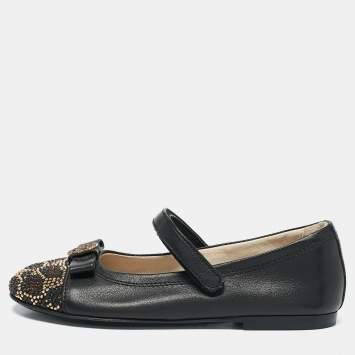 Pre Owned Philipp Plein Black Leather Crystal Embellished Bow Ballet Flats Size 29