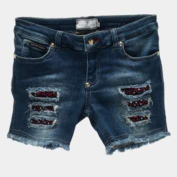 Pre Owned Philipp Plein Kids Middle Blue Studded Denim Distressed Shorts 10 Yrs