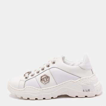 Pre Owned Philipp Plein White Leather Hexagon Sneakers Size 29