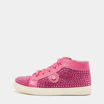 Pre Owned Philipp Plein Pink Suede Crystal Embellished High Top Sneakers Size 28