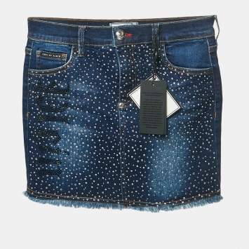 Pre Owned Philipp Plein Blue Crystal Embellished Denim Mini Skirt 12 Yrs 
