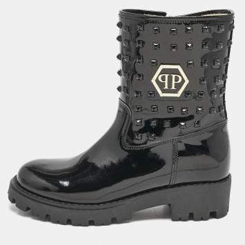 Pre Owned Philipp Plein Black Patent Leather Hide Away Ankle Boots Size 34