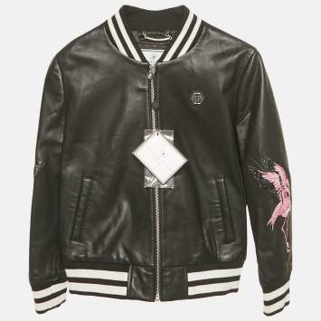 Pre Owned Philipp Plein Kids Black Flamingo Rhinestone Leather Jacket 8 Yrs 
