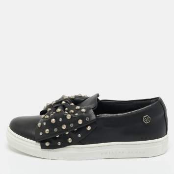 Pre Owned Philipp Plein Black Leather Studded Diana Sneakers Size 34