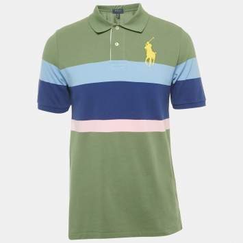 مملوكة مسبقًا Polo Ralph Lauren Boys Green Big Pony Striped Cotton Polo T-Shirt 18-20 Yrs