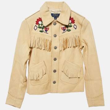 Pre Owned Polo Ralph Lauren Chamois Cream Bead Embellishment Leather Fringed Jacket 8-10 Yrs 