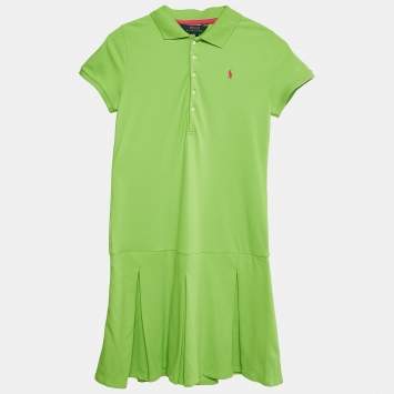 Pre Owned Polo Ralph Lauren Green Pique Cotton Pleated Polo Dress L 12-14 Yrs 