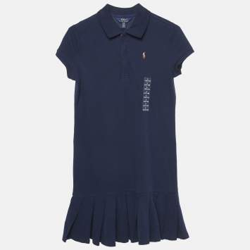 Pre Owned Polo Ralph Lauren Kids Blue Cotton Pique Pleated Polo Dress 12/14 Yrs  