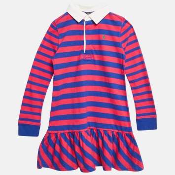 Pre Owned Polo Ralph Lauren Blue/ Pink Striped Jersey Pleated Polo Dress 6 Yrs 