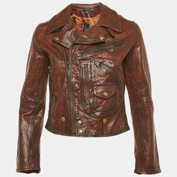 Pre Owned Polo Ralph Lauren Kids Brown Leather Zip-Up Jacket XL/18 Yrs