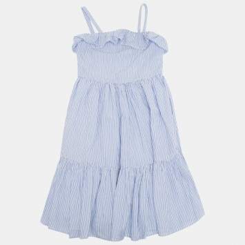 Pre Owned Polo Ralph Lauren Kids Blue Striped Cotton Ruffled Dress 6Yrs