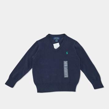 Pre Owned Polo Ralph Lauren Navy Blue Cotton Knit V-Neck Sweater 4 Yrs
