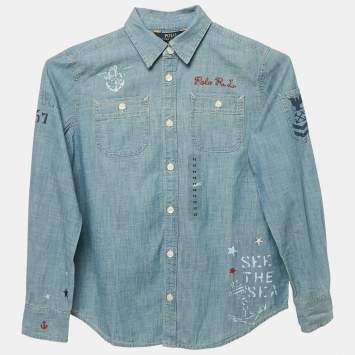 Pre Owned Polo Ralph Lauren Kid Blue Sea Print Denim Shirt 12 Yrs