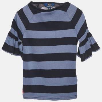 Pre Owned Polo Ralph Lauren Kids Blue Stripe Cotton Knit Bell Sleeve Top 7 Yrs