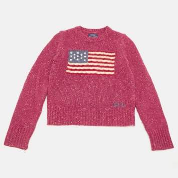 Pre Owned Polo Ralph Lauren Kids Pink US Flag Intarsia Wool Blend Sweater 8-10 YRS 