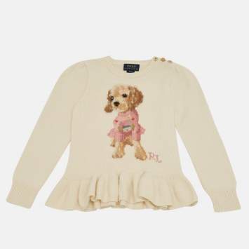 Pre Owned Polo Ralph Lauren Ivory Dog Intarsia Wool Knit Sweater 4Yrs