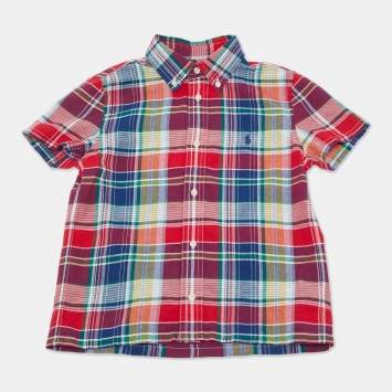 Pre Owned قميص رالف لورين للأطفال أحمر كاروهات قطن أكمام قصيرة 7 سنوات