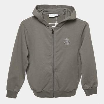 Pre Owned Roberto Cavalli Grey Logo Embroidery Cotton Knit Zip-Up Hooded Jacket 8 Yrs