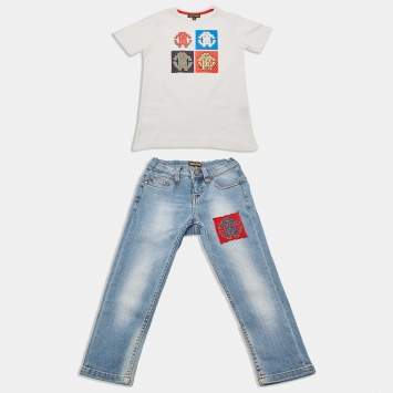 Pre Owned Roberto Cavalli Kids White /Blue Cotton Top & Denim Pants Set 4 Years 