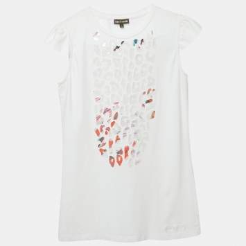 Pre Owned طقم روبرتو كافالي للأطفال جيرسي أبيض مزين بالترتر كبير (12/14 سنة)