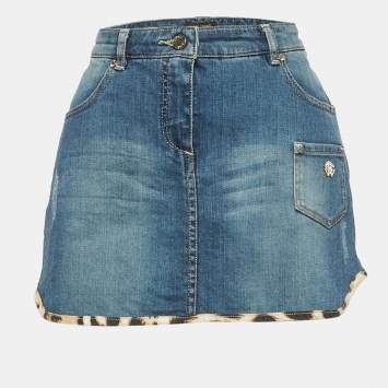 مملوكة مسبقًا Roberto Cavalli Blue Denim Leopard Trim Mini Skirt 14-16 Yrs