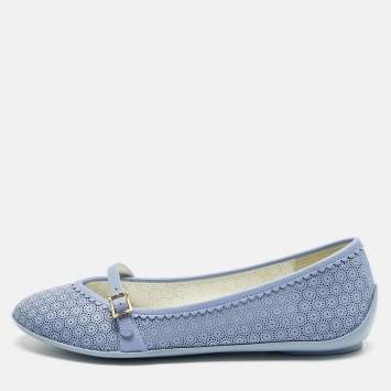 Pre Owned Salvatore Ferragamo Blue Perforated Leather Ballet Flats Size 33