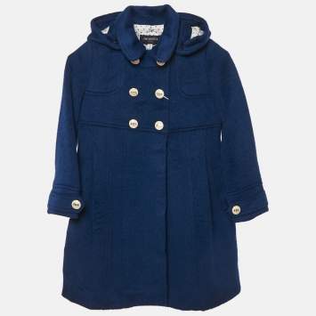 Pre Owned Simonetta Kids Navy Blue Wool Detachable Hood Double Breasted Coat 4 Yrs