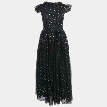 Pre Owned Sonia Rykiel Black Star Print Tulle Ruffled Long Dress 14 Yrs