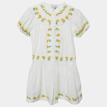 Pre Owned Stella McCartney Kids White Sunflower Embroidered Linen Blend Dress 12 Yrs 