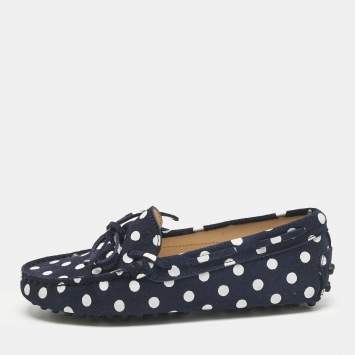 Pre Owned Tod's Navy Blue/White Polka Dot Suede Driving Loafers Size 31