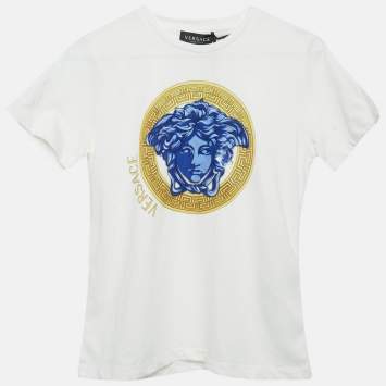 Pre Owned Versace Kids White Medusa Print Cotton Crew Neck T-Shirt 10 Yrs