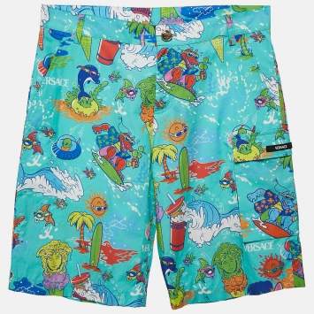 Pre Owned Versace Kids Mint Blue Printed Poplin Shorts 14 Yrs