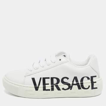 Pre Owned Versace White Leather Greca Sneakers Size 30