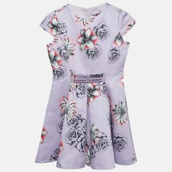 Pre Owned Versace Young Lilac Purple Floral Print Gabardine Pleated Party Dress M 