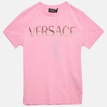 Versace Kids Pink Logo Studded Cotton Crew Neck T-Shirt 10 Yrs