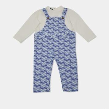 Pre Owned Versace Kids Blue La Greca Print Cotton Knit Jumpsuit 9-12 M