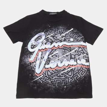 مملوكة مسبقًا Versace Kids Black Signature Print Cotton T-Shirt 10Yrs 