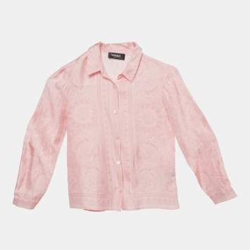 Pre Owned Versace Pink Barocco Print Silk Shirt & Pleated Skirt Set 8/10 Yrs